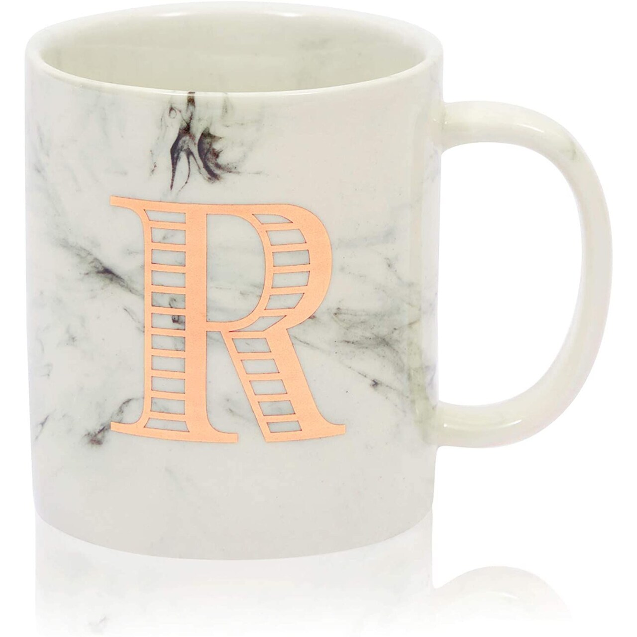 Rose Gold Letter R Monogram Mug, White Marble Ceramic Coffee Cup (11 oz)